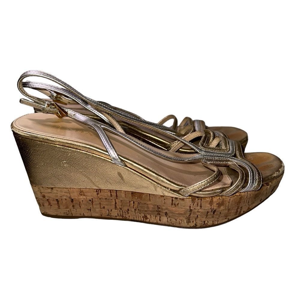 Prada Wedges Sling Back sandals. Size 38.5 silver & gold metallic Authentic